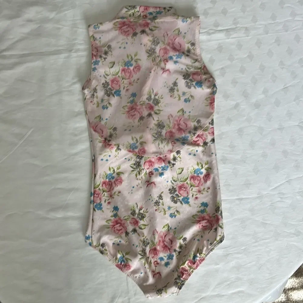 EUC Ainsleiewear Zip Front Floral Leotard sz girls XL